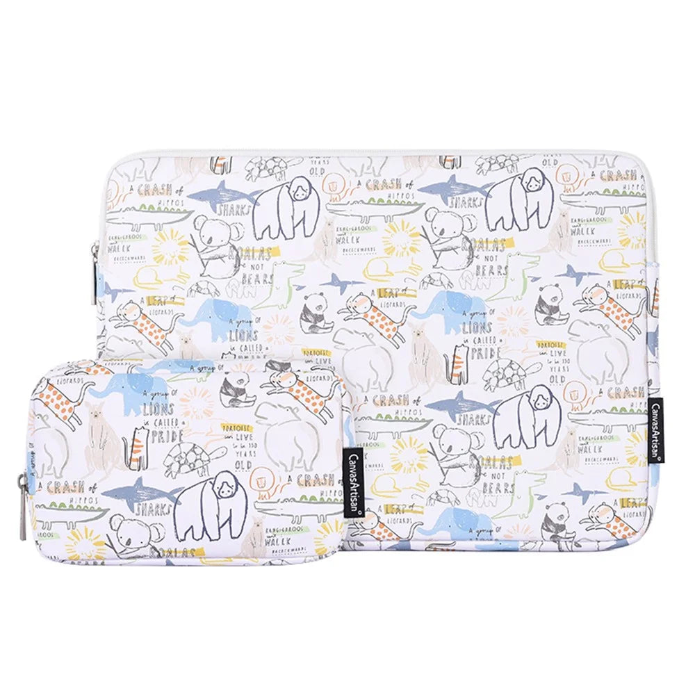 CANVASARTISAN G50-T0111 15-inch Laptop Sleeve PU Protective Case Cartoon Animal Pattern Carrying Bag + Small Bag Set - 1