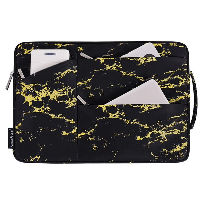 CANVASARTISAN H32-58 Marble Pattern Portable Slim Case for 12 inch Laptops Anti-Scratch Carry Case with 3-Pouches/Handle Strap Notebook Waterproof Sleeve Bag - Yellow/Black - 1
