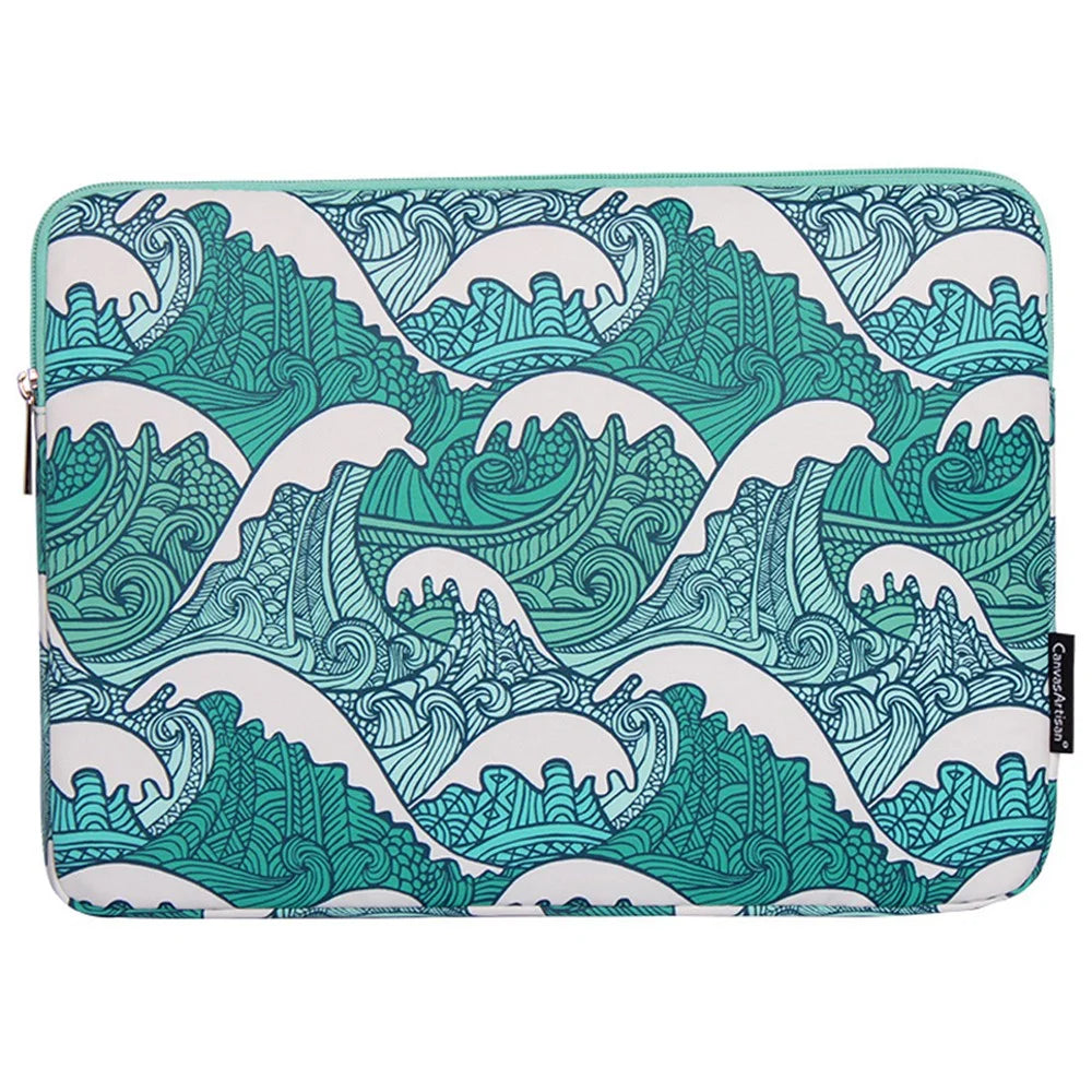 CANVASARTISAN H3-04 12-inch Zipper Notebook Bag, Green Wave Pattern Soft Lining Laptop Storage Pouch - 1
