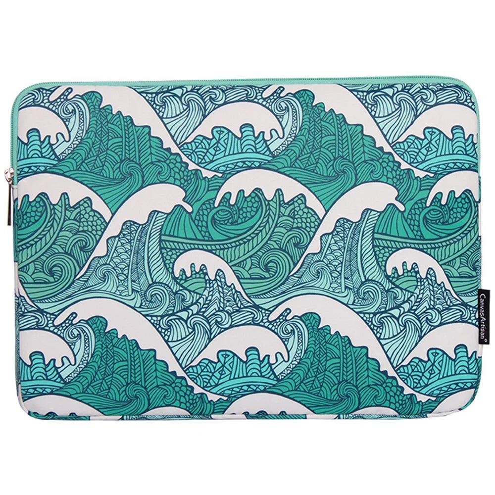 CANVASARTISAN H3-04 Notebook Sleeve for 13-inch Laptop Green Wave Pattern Shockproof Liner Bag Zipper Case - 1