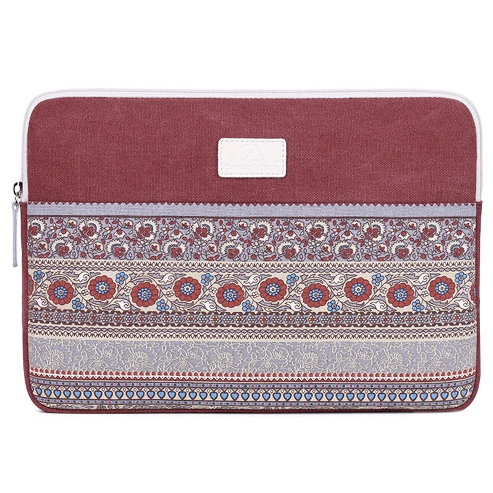 CANVASARTISAN T38-16 National Style Pattern Printed Carry Case for 15-inch Laptop Portable Business Canvas Bag Shockproof Sleeve Bag - Wine Red - 1