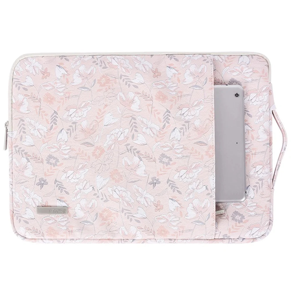 CANVASARTISAN G4-89 Shockproof Sleeve Bag for 14-inch Laptops PU Leather Flower Printed Storage Bag Portable Carry Case with Handle Strap/Outer Zippered Pouch - 1