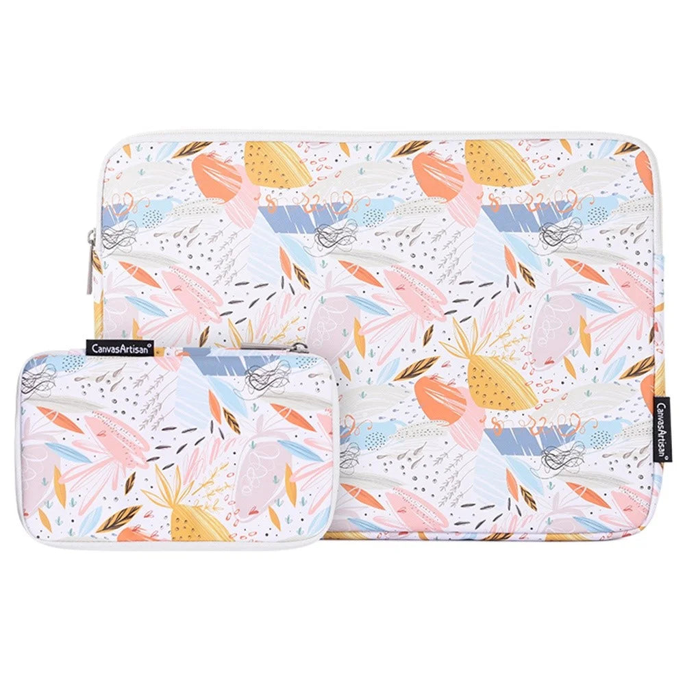 CANVASARTISAN G53-T0121 for 14-inch Notebook Flowered Patterned Anti-Drop Laptop Protective Bag Water Repellent Zippered PU Case Pouch + Small Bag Set - 1