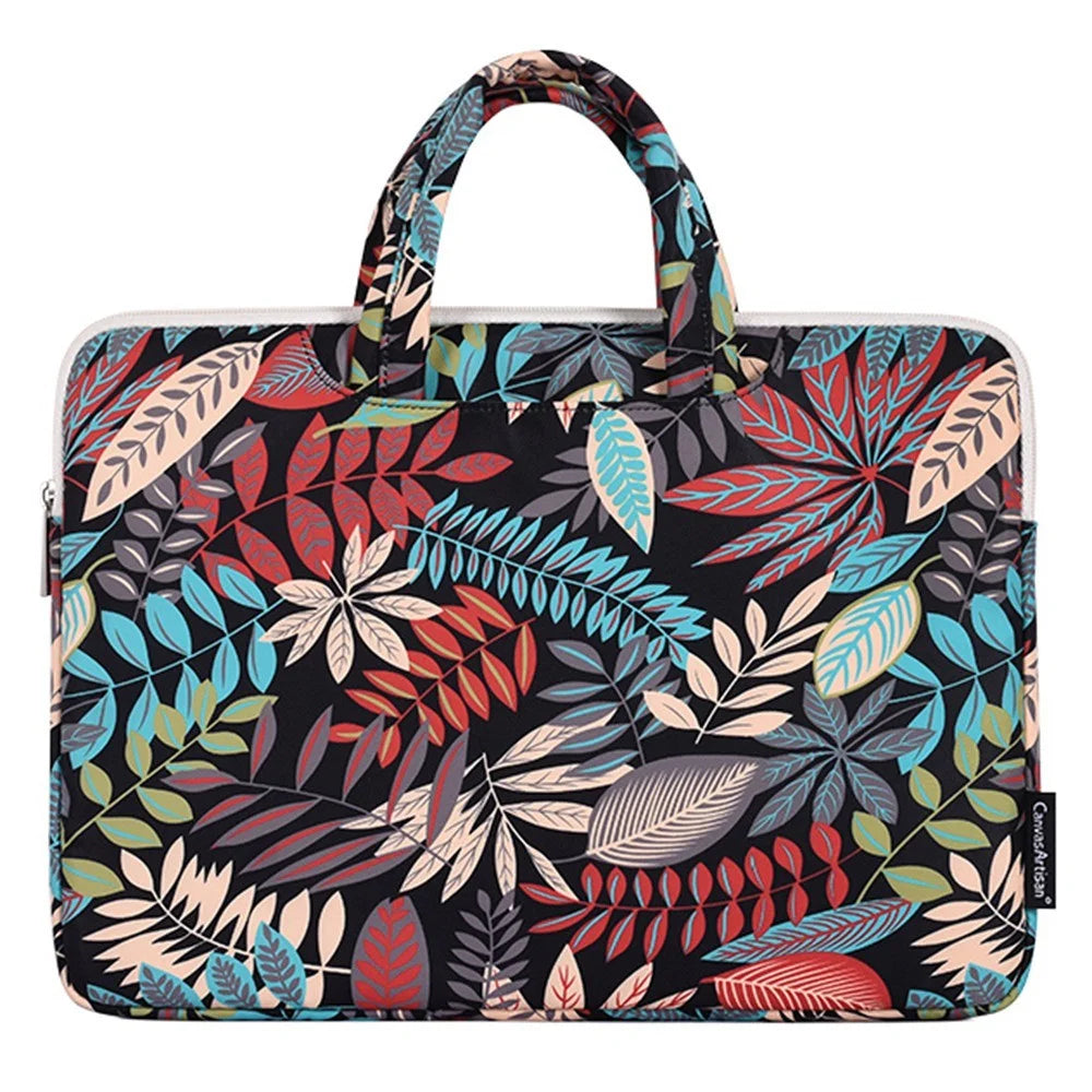 CANVASARTISAN H30-B01 12-inch Laptop Carrying Bag Colorful Bag Leaf Pattern Notebook Computer Handbag - Black - 1