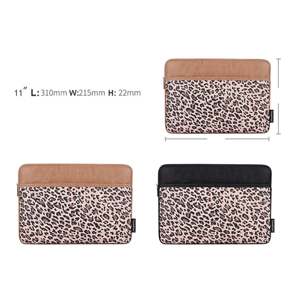 CANVASARTISAN G31-36 11-inch Laptop Soft Lining Carrying Bag Leopard Print PU Leather Notebook Protective Sleeve - Khaki - 7