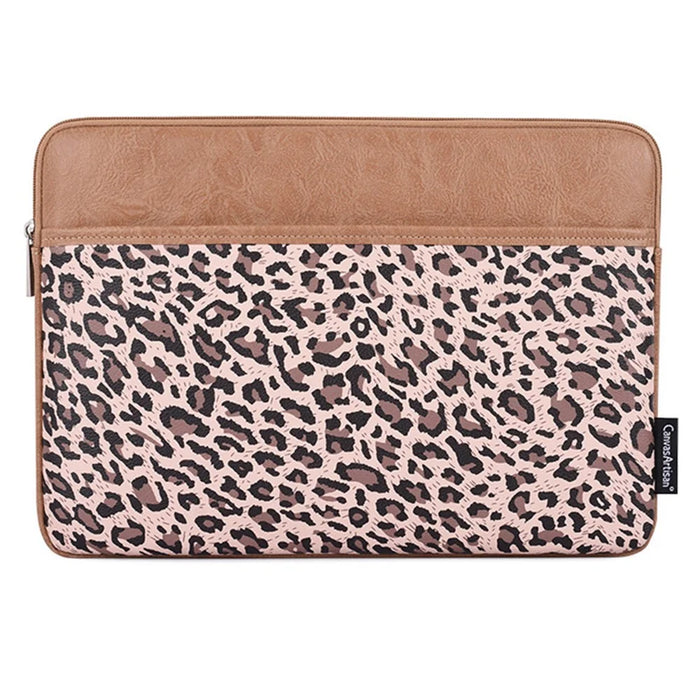 CANVASARTISAN G31-36 15-inch Laptop Shockproof Zipper Bag Leopard Print PU Leather Notebook Protective Sleeve - Khaki - 1