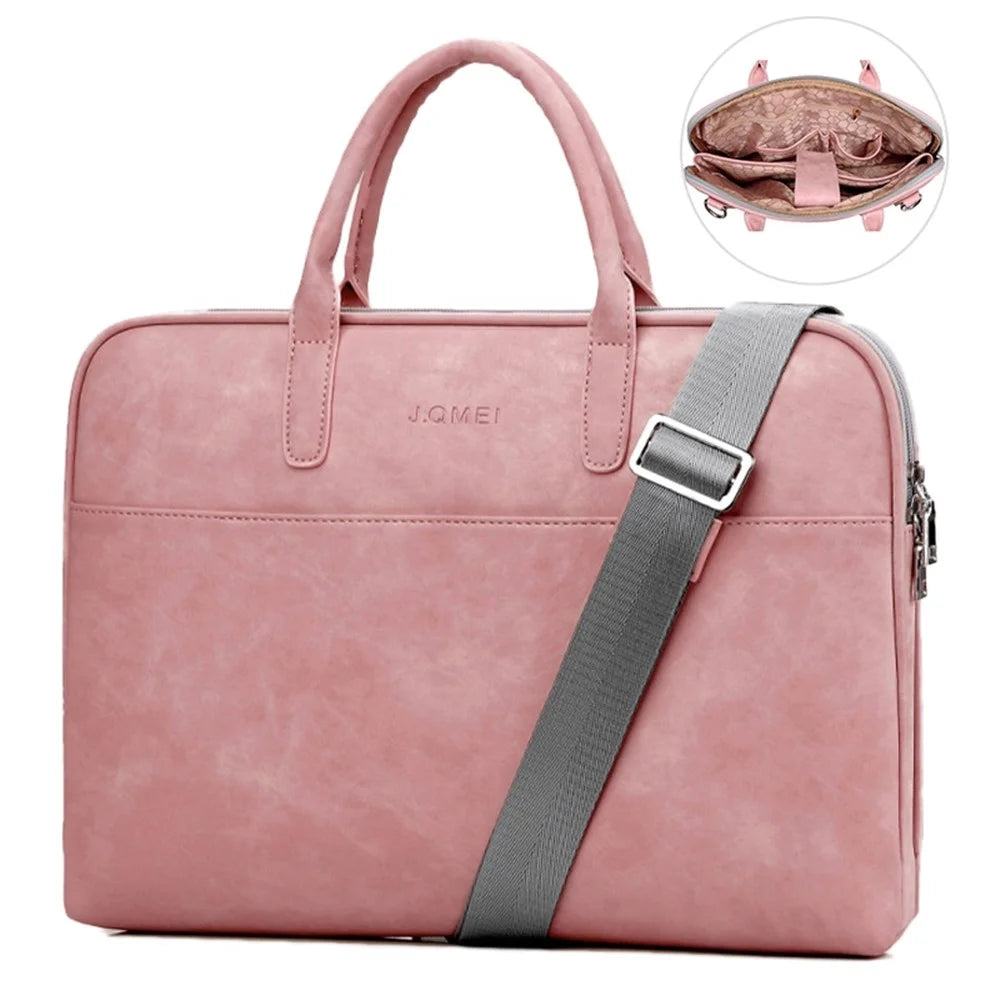 J.QMEI 933# 15.6 inch PU Leather Laptop Handbag Notebook Computer Protective Bag with Shoulder Stap, Upgrade Version - Pink - 1