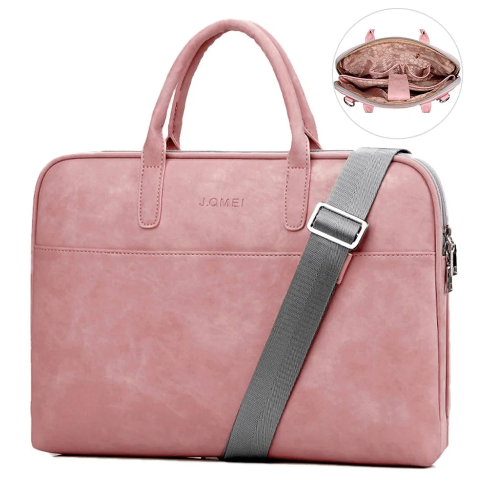 J.QMEI 933# 14 inch Scratch-proof Laptop Handbag PU Leather Notebook Computer Zipper Bag with Shoulder Stap, Upgrade Version - Pink - 1