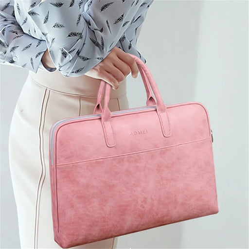 J.QMEI 933# 14 inch Scratch-proof Laptop Handbag PU Leather Notebook Computer Zipper Bag with Shoulder Stap, Upgrade Version - Pink - 2