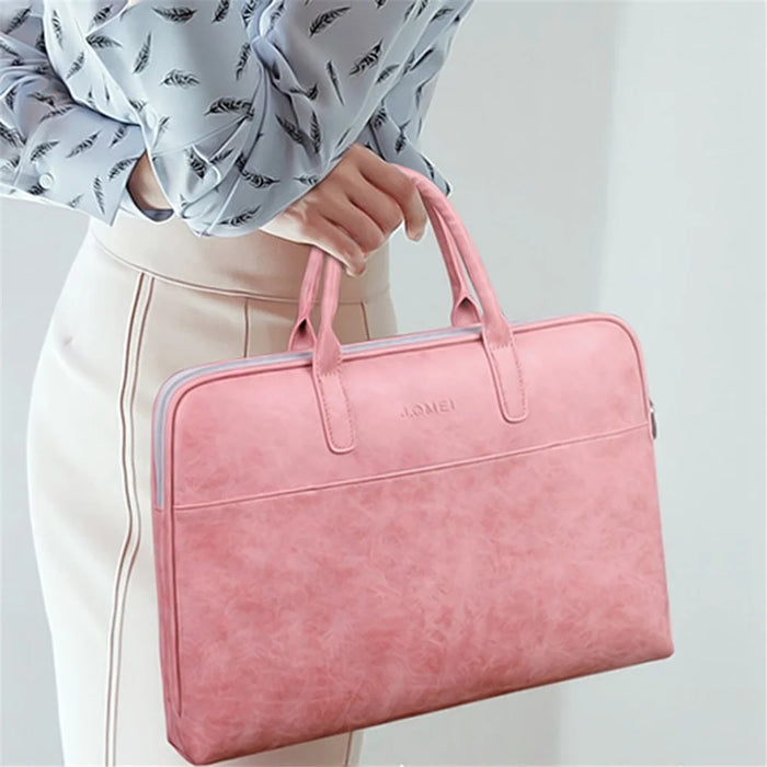 J.QMEI 933# 14 inch Scratch-proof Laptop Handbag PU Leather Notebook Computer Zipper Bag with Shoulder Stap, Upgrade Version - Pink - 2