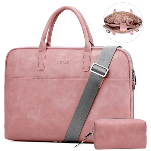 J.QMEI 933# 2Pcs / Set 14 inch Notebook Computer PU Leather Protective Sleeve Laptop Handbag Zipper Bag with Small Bag and Shoulder Stap, Upgrade Version - Pink - 1