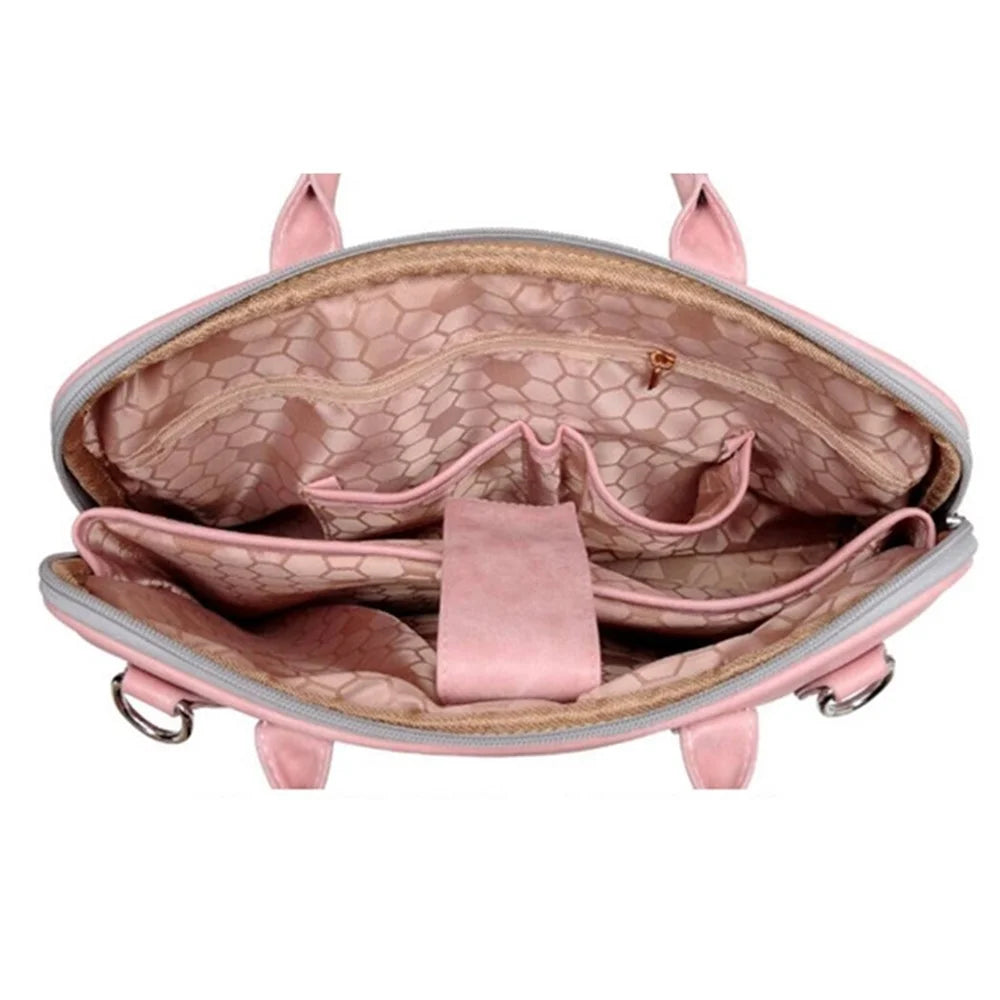 J.QMEI 933# 2Pcs / Set 14 inch Notebook Computer PU Leather Protective Sleeve Laptop Handbag Zipper Bag with Small Bag and Shoulder Stap, Upgrade Version - Pink - 5