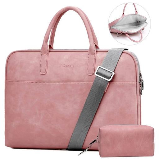 J.QMEI 933# 15.6 inch Laptop Handbag Zipper Closure Notebook Computer Carrying Bag with Small Bag and Shoulder Stap, Velvet Lining - Pink - 1