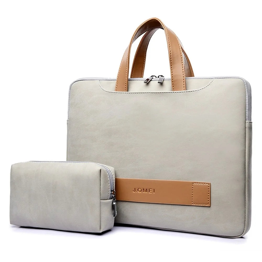J.QMEI 951# 15.6-inch Notebook Protective Bag Shockproof PU Leather Laptop Handbag with Small Bag - Grey - 1