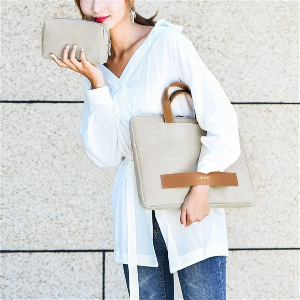 J.QMEI 951# 15.6-inch Notebook Protective Bag Shockproof PU Leather Laptop Handbag with Small Bag - Grey - 2