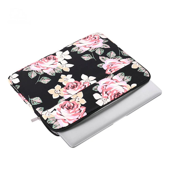 CANVASARTISAN H40-11 Shockproof Sleeve Bag for 15-inch Laptops Portable Carrying Case Rose Pattern Printed Storage Bag with Outer Pouch - Black - 3