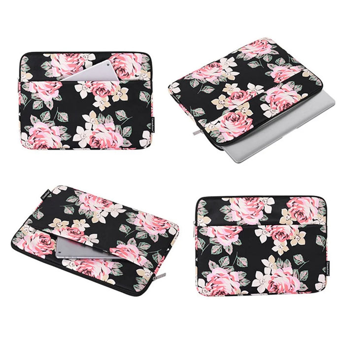 CANVASARTISAN H40-11 Shockproof Sleeve Bag for 15-inch Laptops Portable Carrying Case Rose Pattern Printed Storage Bag with Outer Pouch - Black - 6