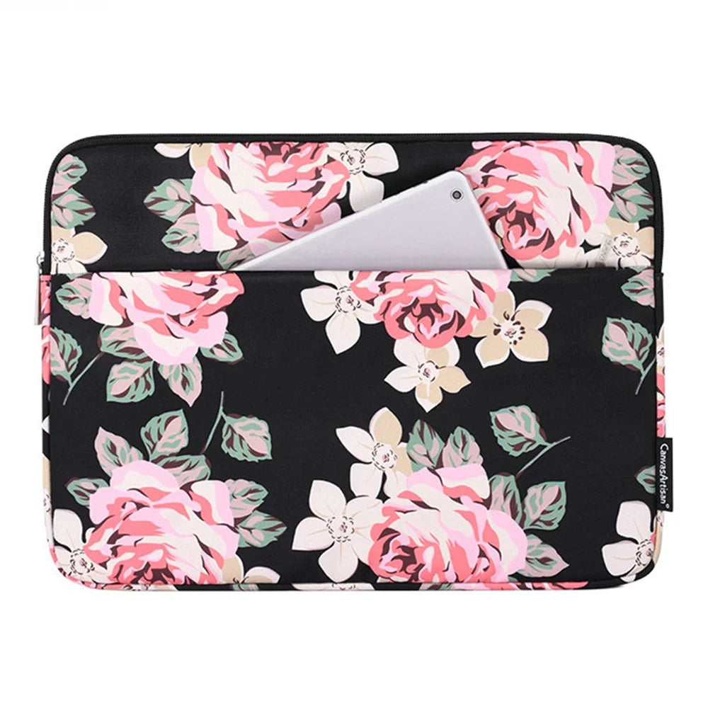 CANVASARTISAN H40-11 Protective Carrying Case Portable Sleeve Bag for 13-inch Laptops Rose Pattern Printed Storage Bag with Outer Pouch - Black - 1