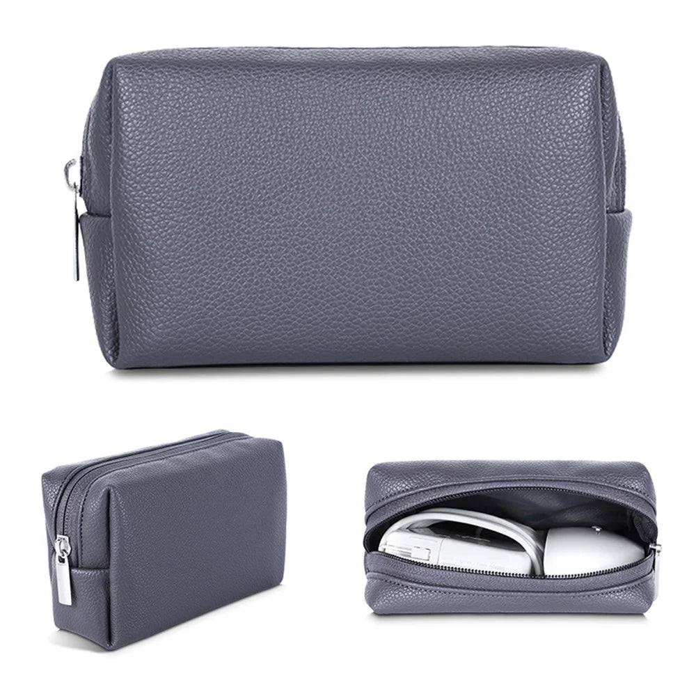 Electronic Organizer Mouse Power Bank Cable Storage Bag Waterproof Leather USB Flash Drive Storage Pouch - Grey - 1