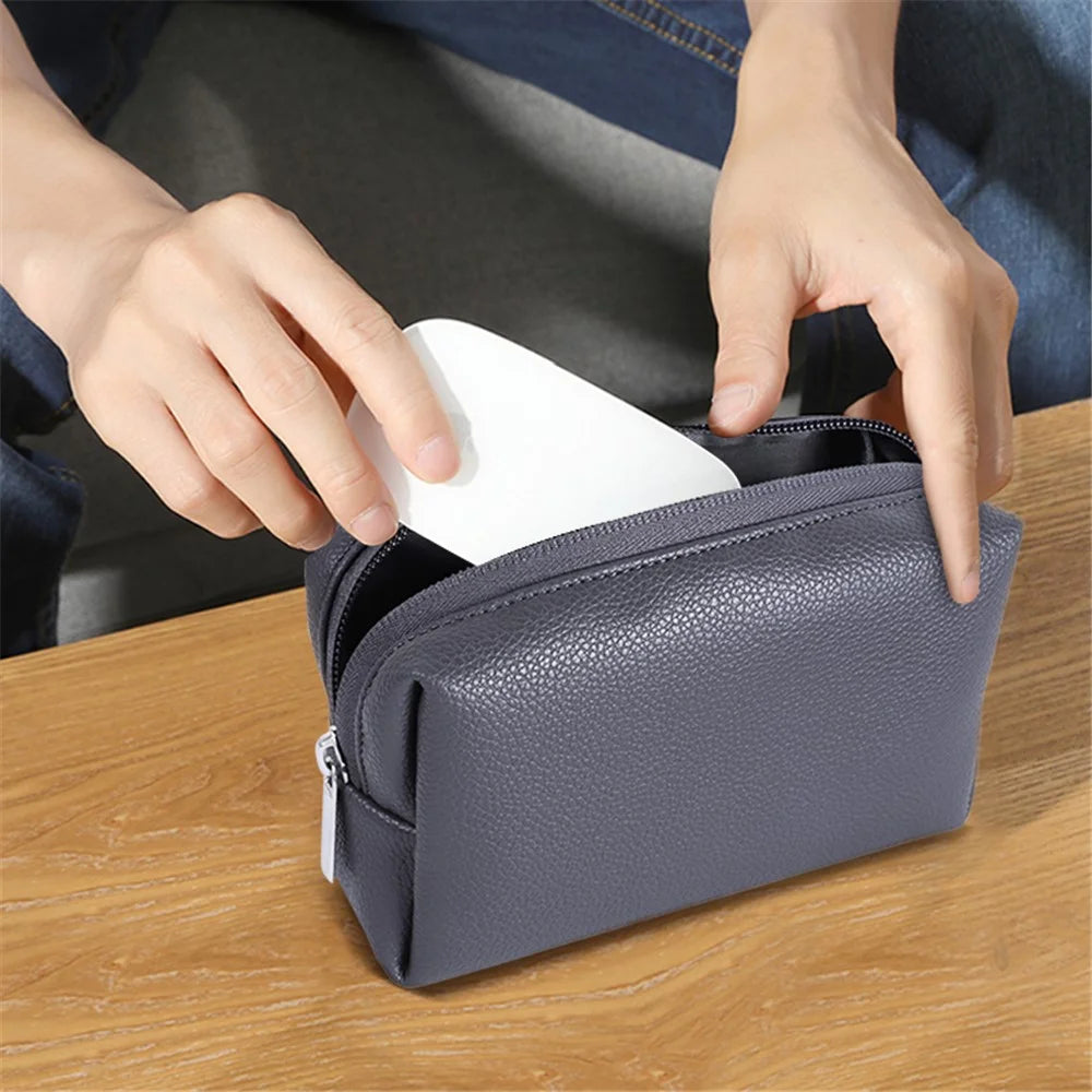 Electronic Organizer Mouse Power Bank Cable Storage Bag Waterproof Leather USB Flash Drive Storage Pouch - Grey - 3