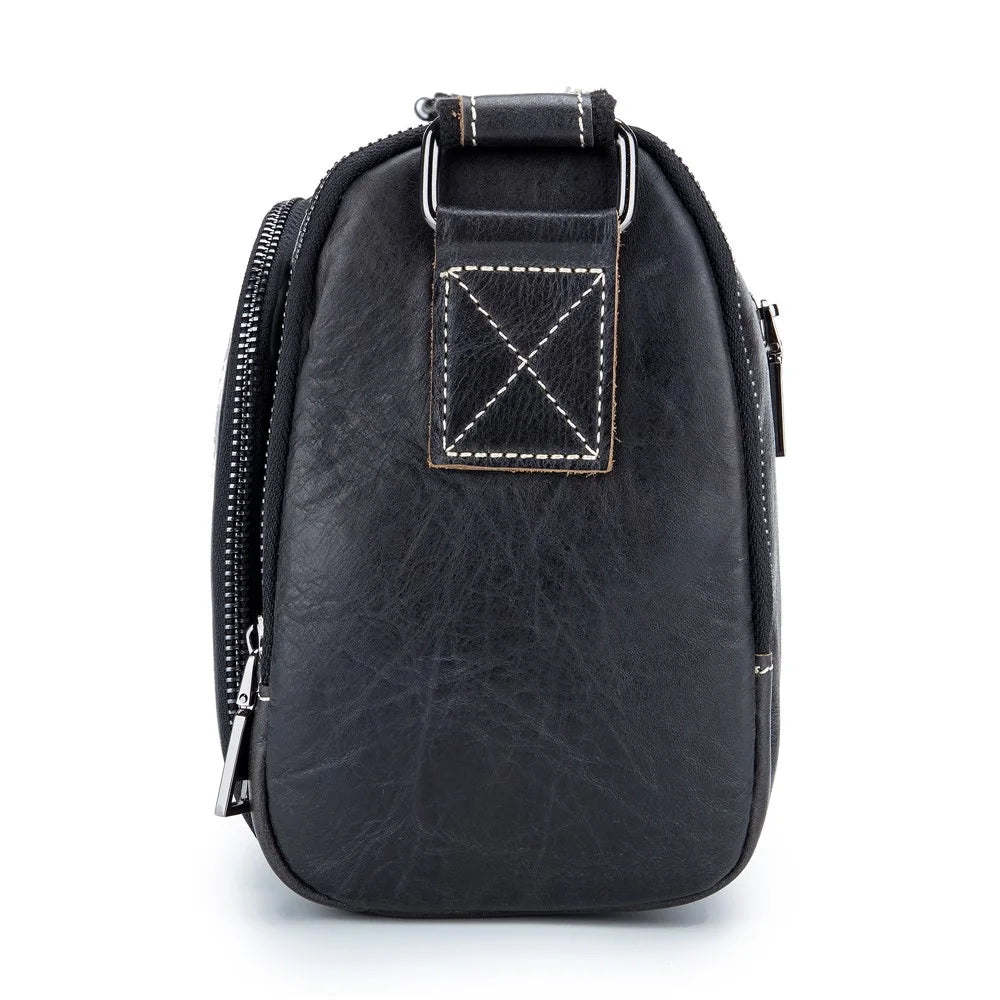 BULLCAPTAIN HKDJB--001 Large Capacity Retro Crossbody Shoulder Bag Travel Storage Bag Top-Layer Cowhide Leather Handbag - Black - 3