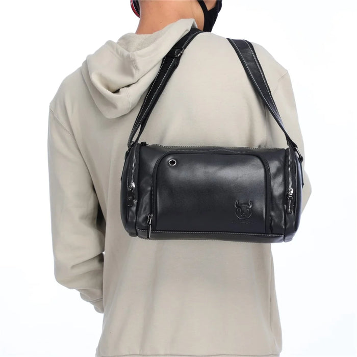 BULLCAPTAIN HKDJB--001 Large Capacity Retro Crossbody Shoulder Bag Travel Storage Bag Top-Layer Cowhide Leather Handbag - Black - 5