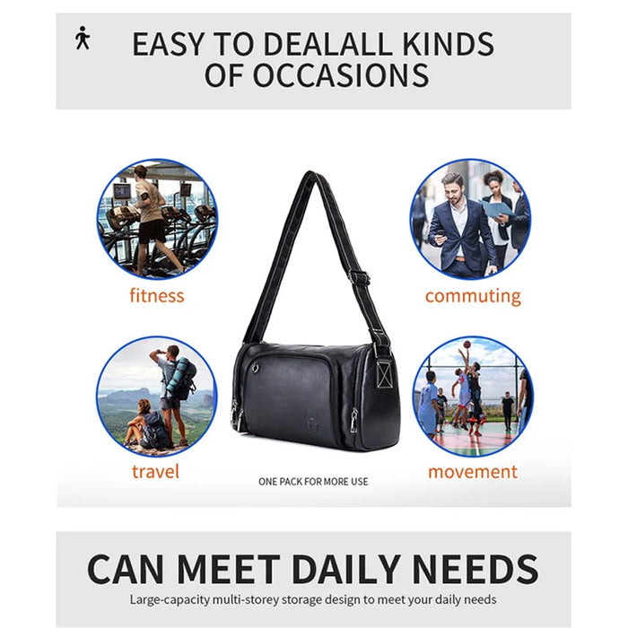 BULLCAPTAIN HKDJB--001 Large Capacity Retro Crossbody Shoulder Bag Travel Storage Bag Top-Layer Cowhide Leather Handbag - Black - 7