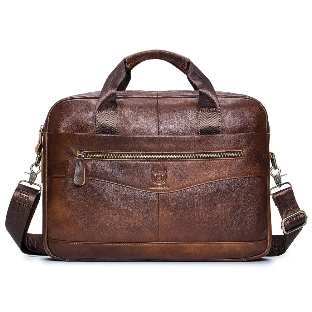 BULLCAPTAIN 044 Top-Layer Cowhide Leather Messenger Bag Large Crossbody Bag 16-Inch Laptop Tote Handbag Business Briefcase - Brown - 1
