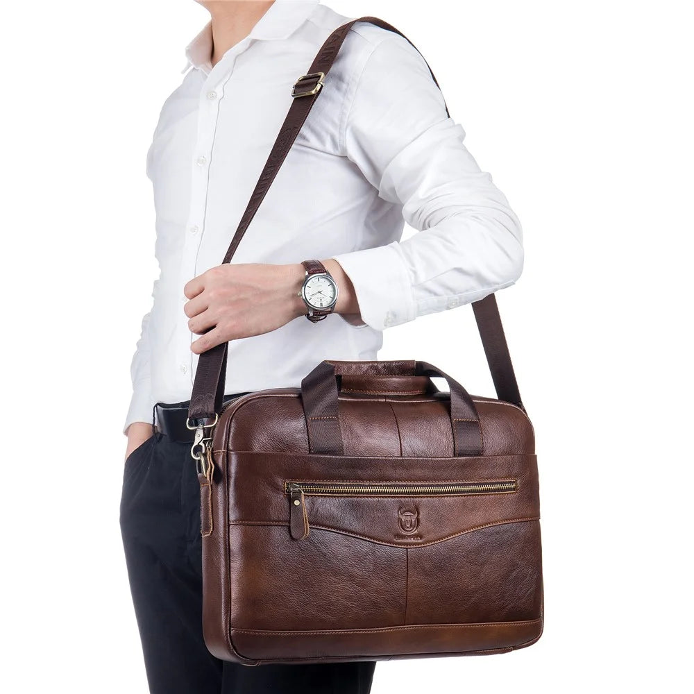 BULLCAPTAIN 044 Top-Layer Cowhide Leather Messenger Bag Large Crossbody Bag 16-Inch Laptop Tote Handbag Business Briefcase - Brown - 5