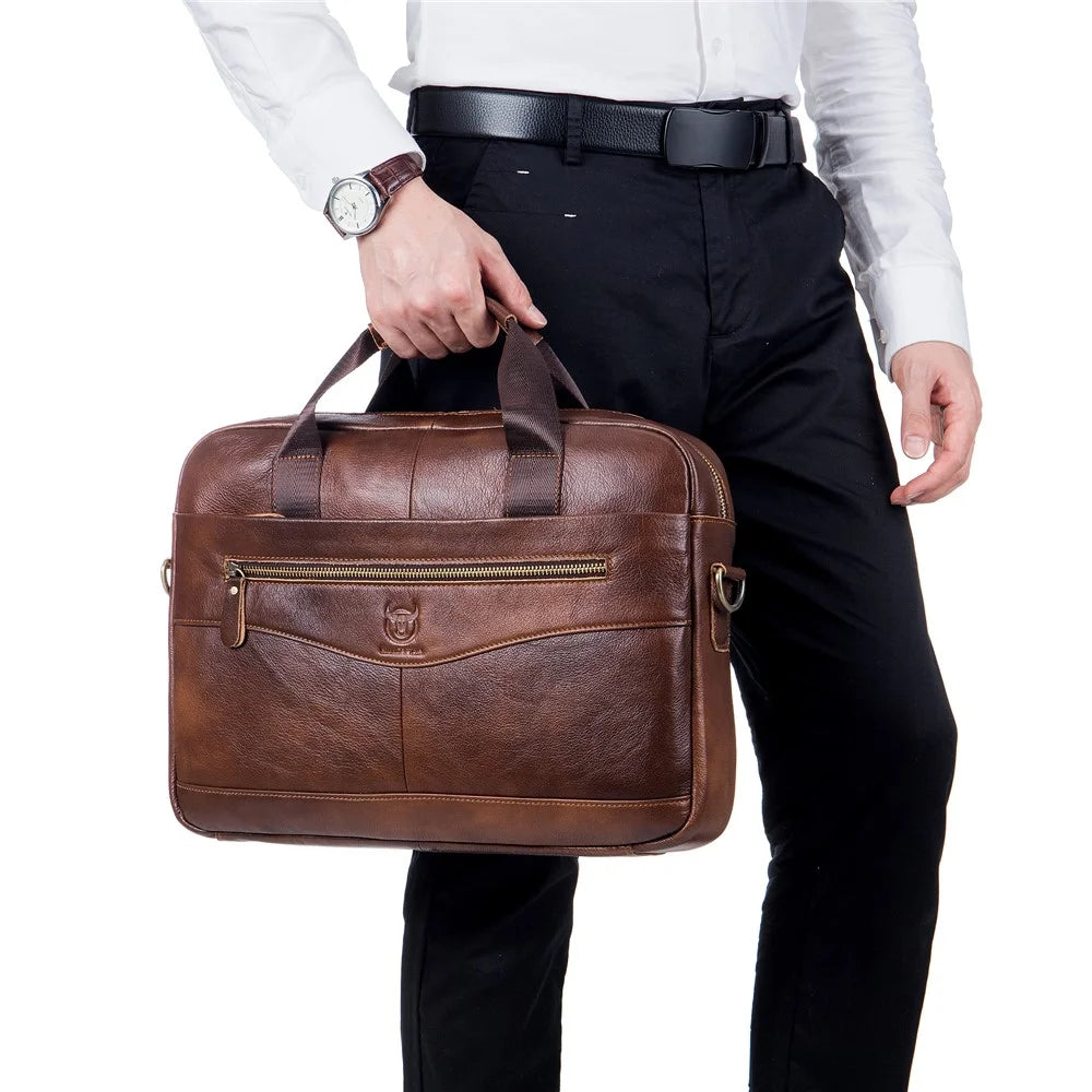 BULLCAPTAIN 044 Top-Layer Cowhide Leather Messenger Bag Large Crossbody Bag 16-Inch Laptop Tote Handbag Business Briefcase - Brown - 6