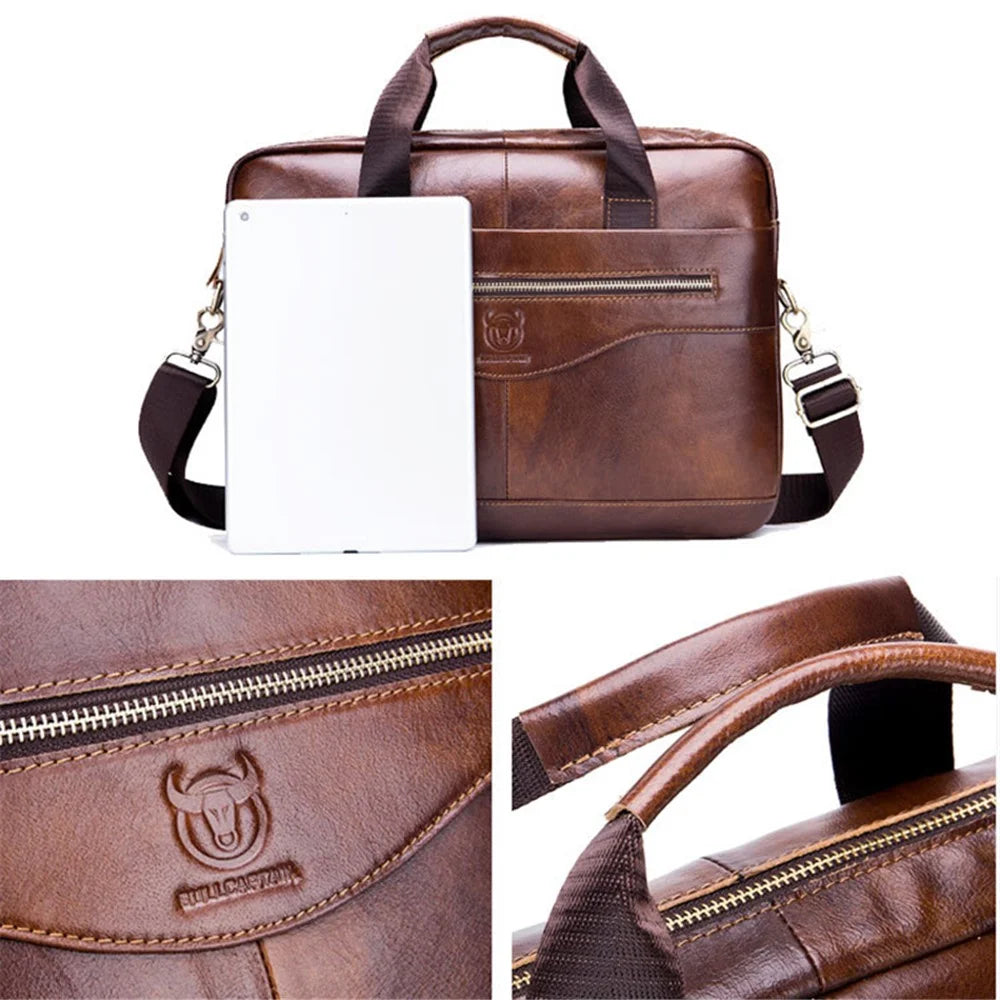 BULLCAPTAIN 044 Top-Layer Cowhide Leather Messenger Bag Large Crossbody Bag 16-Inch Laptop Tote Handbag Business Briefcase - Brown - 7