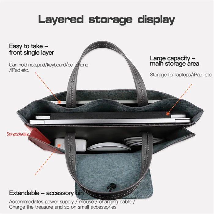 15 / 15.4 / 16 Inch Laptop Carrying Bag Handbag PU Leather Surface Protection Sleeve 3-Layer Notebook Computer Pouch - Black - 5
