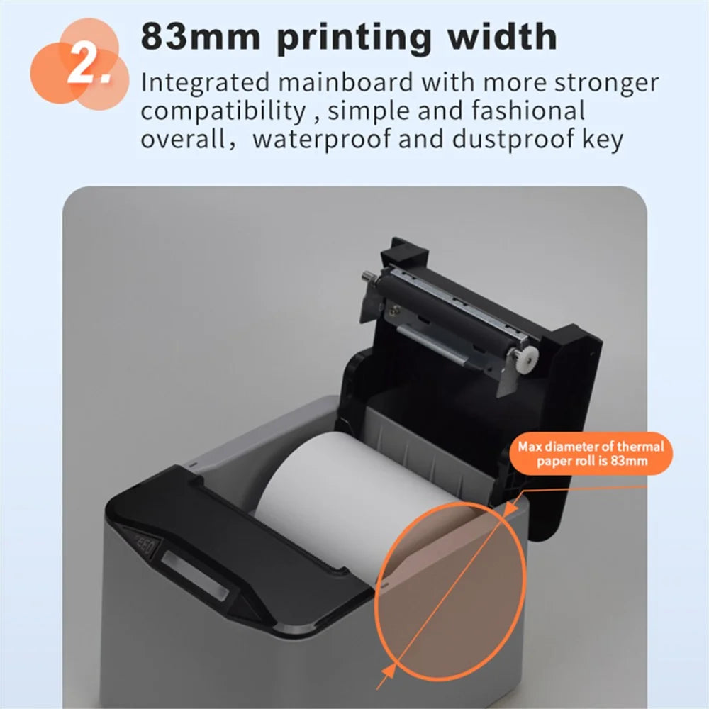 ZJ-8370 83mm Receipt Printer USB+LAN+Bluetooth-compatible High-Speed Mini Ticket Invoice Bill Printer - Black / US Plug - 5