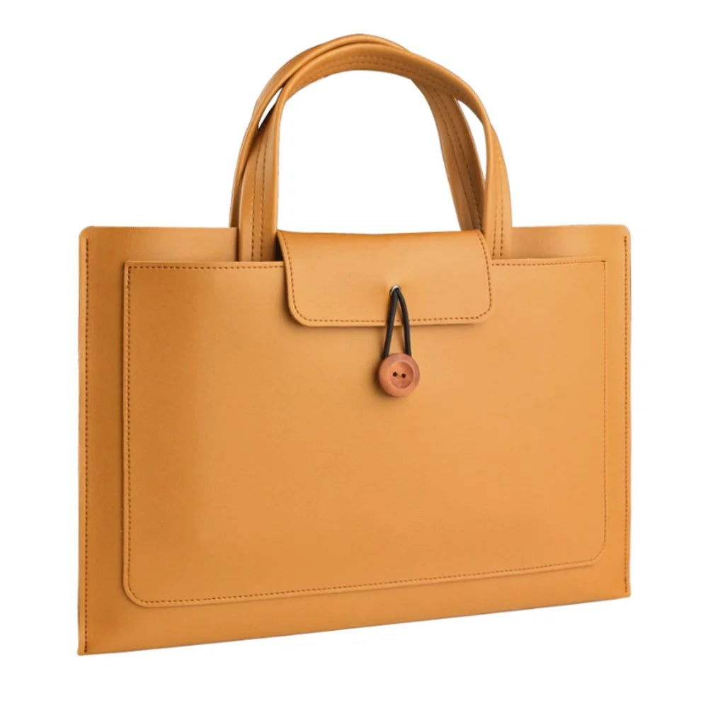 14-inch Laptop Handbag Wooden Buckle PU Leather Notebook Carrying Bag - Brown - 1