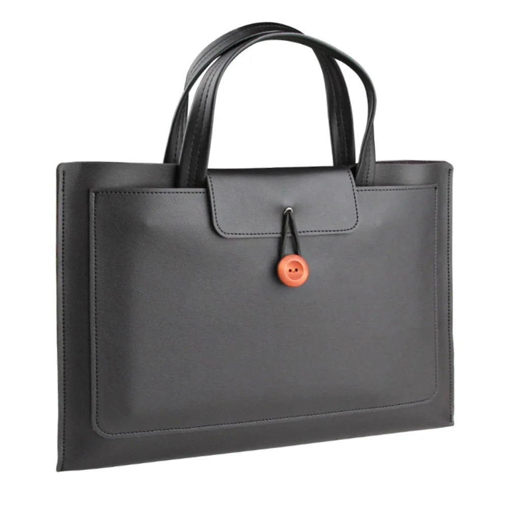 16-inch PU Leather Laptop Handbag Wooden Buckle Anti-scratch Notebook Bag - Black - 1