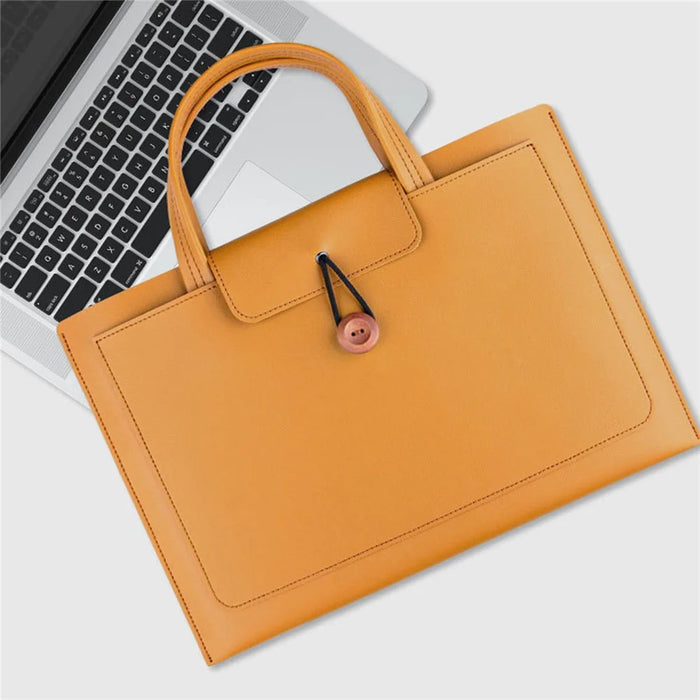16-inch PU Leather Laptop Handbag Wooden Buckle Anti-scratch Notebook Bag - Black - 5