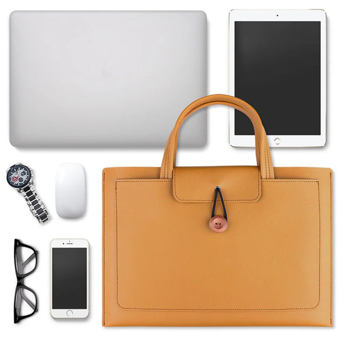16-inch PU Leather Laptop Handbag Wooden Buckle Anti-scratch Notebook Bag - Black - 7