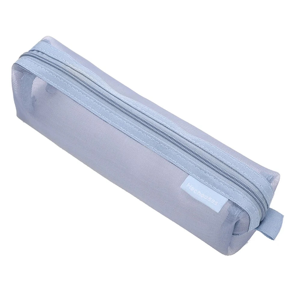 HE CHOOSES D049 Medium Square Mesh Pencil Bag Nylon Portable Stationery Pouch - Grey Blue - 1