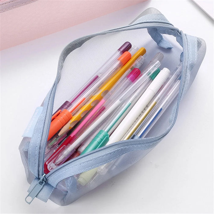 HE CHOOSES D049 Medium Square Mesh Pencil Bag Nylon Portable Stationery Pouch - Grey Blue - 2