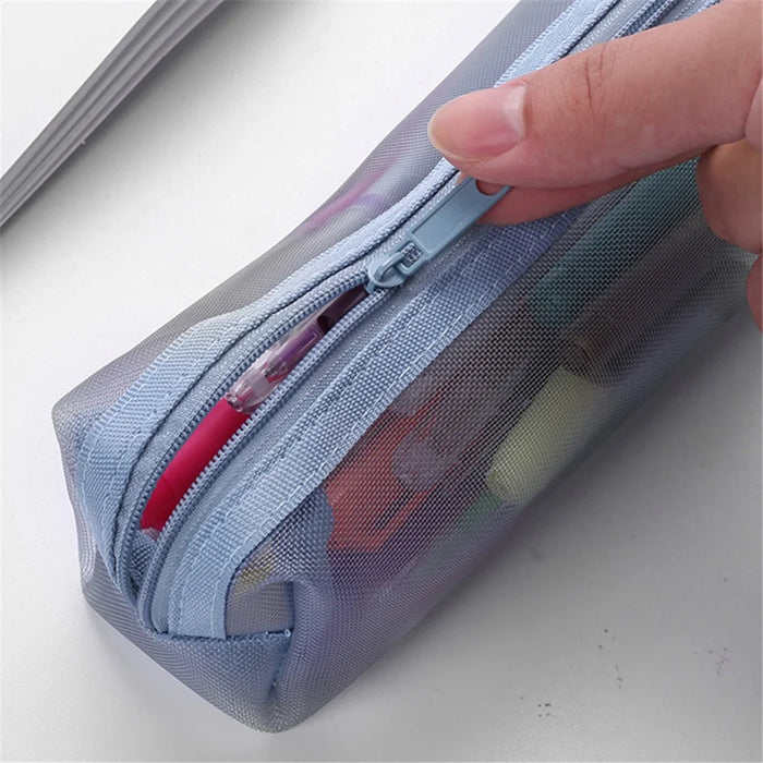 HE CHOOSES D049 Medium Square Mesh Pencil Bag Nylon Portable Stationery Pouch - Grey Blue - 3