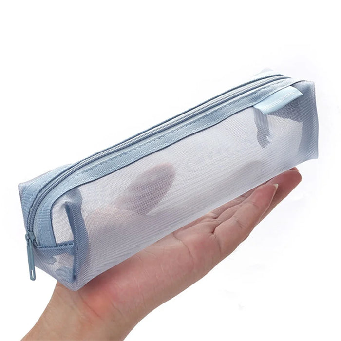 HE CHOOSES D049 Medium Square Mesh Pencil Bag Nylon Portable Stationery Pouch - Grey Blue - 4