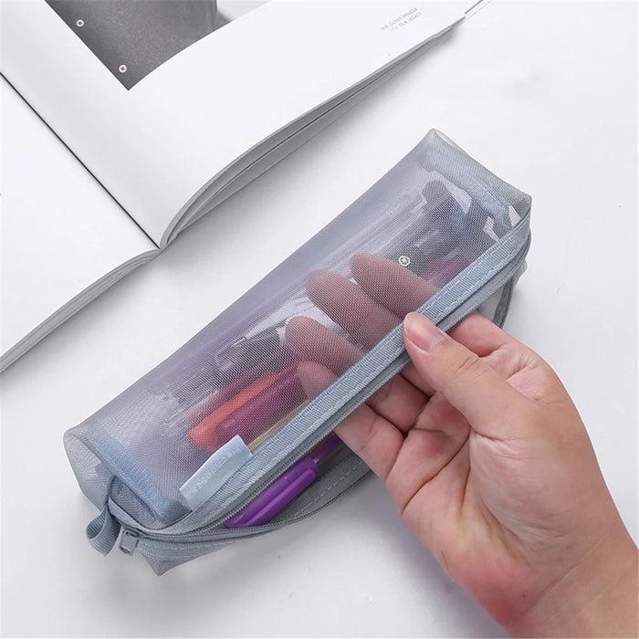 HE CHOOSES D049 Medium Square Mesh Pencil Bag Nylon Portable Stationery Pouch - Grey Blue - 5