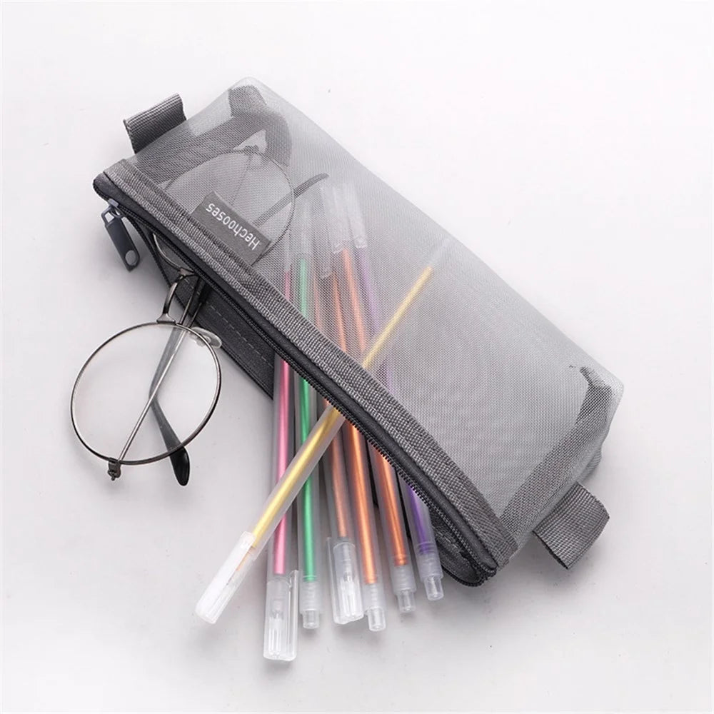 HE CHOOSES D034 Nylon Mesh Pencil Storage Bag Student Stationery Bag - Grey - 5