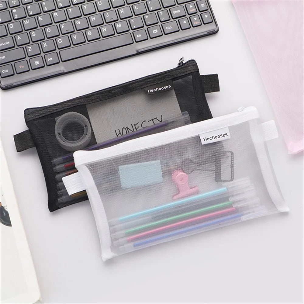 HE CHOOSES D033 Nylon Mesh Pencil Case Stationery Bag School Supplies, Size S - Dark Blue - 2