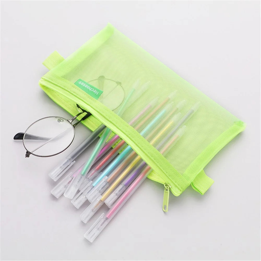 HE CHOOSES D033 Nylon Mesh Pencil Case Stationery Bag School Supplies, Size S - Dark Blue - 5
