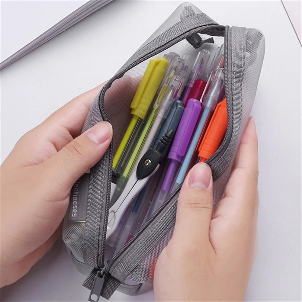 HE CHOOSES D037 Large Square Mesh Pencil Bag Nylon Stationery Storage Bag - Grey - 2