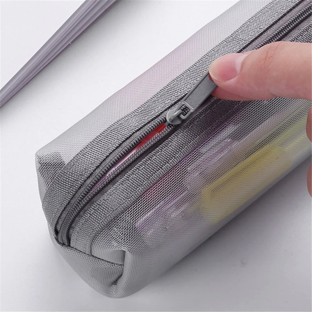 HE CHOOSES D037 Large Square Mesh Pencil Bag Nylon Stationery Storage Bag - Grey - 4