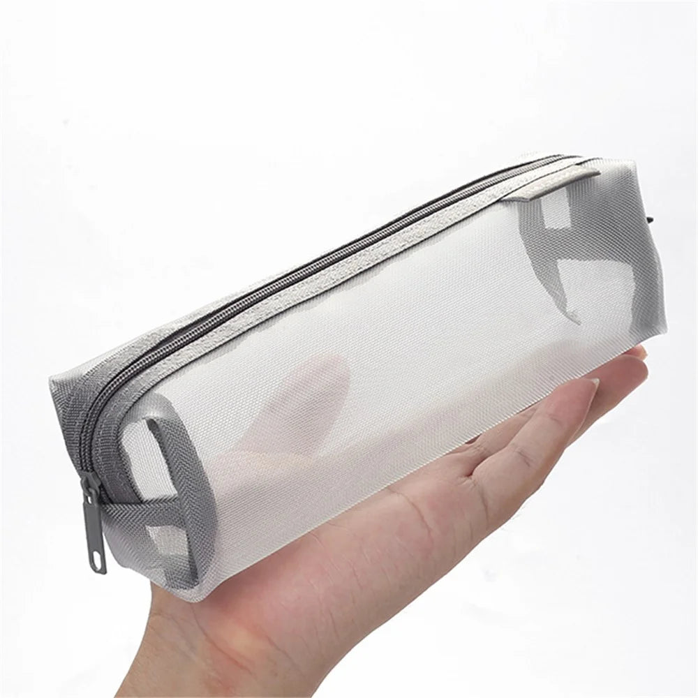 HE CHOOSES D037 Large Square Mesh Pencil Bag Nylon Stationery Storage Bag - Grey - 5