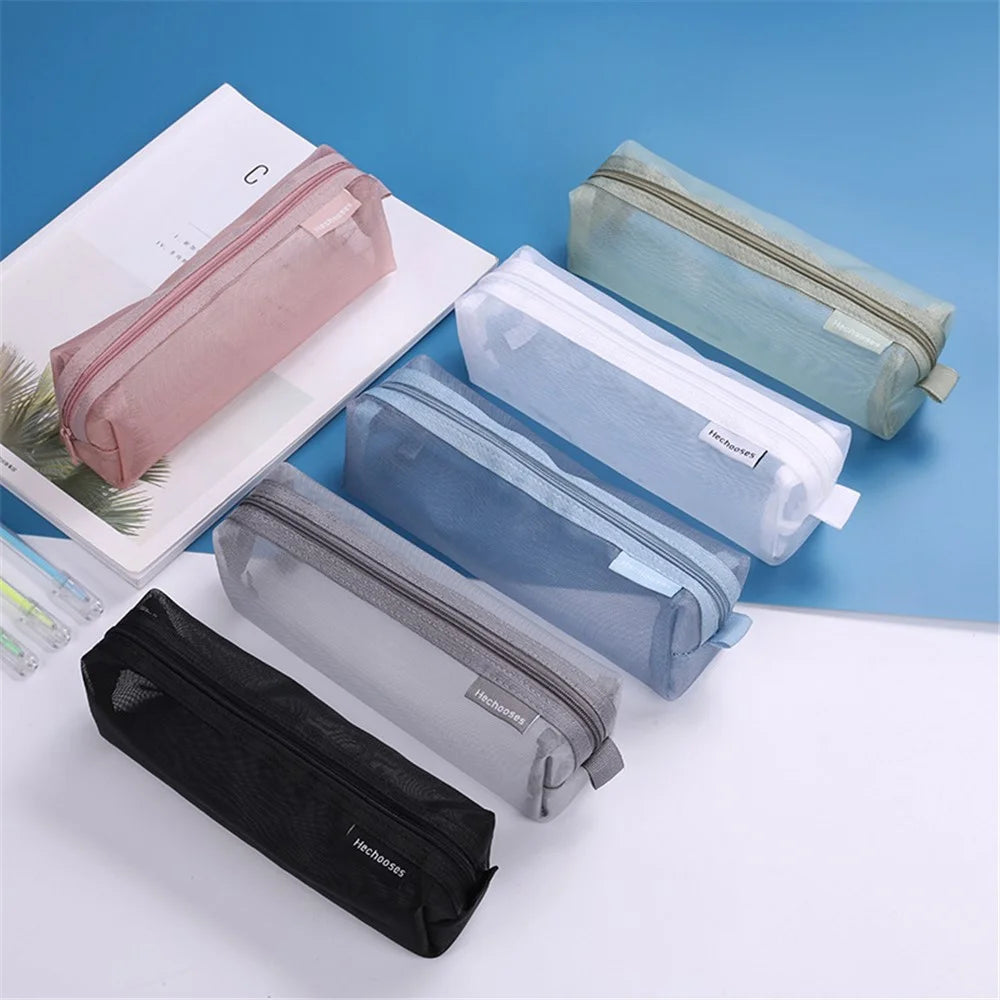 HE CHOOSES D037 Large Square Mesh Pencil Bag Nylon Stationery Storage Bag - Grey - 6
