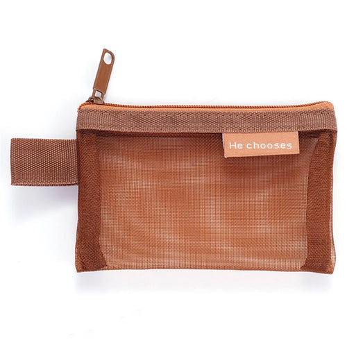 HE CHOOSES D013 Nylon Coin Purse Square Mesh Storage Bag Mini Zipper Pouch - Caramel Brown - 1